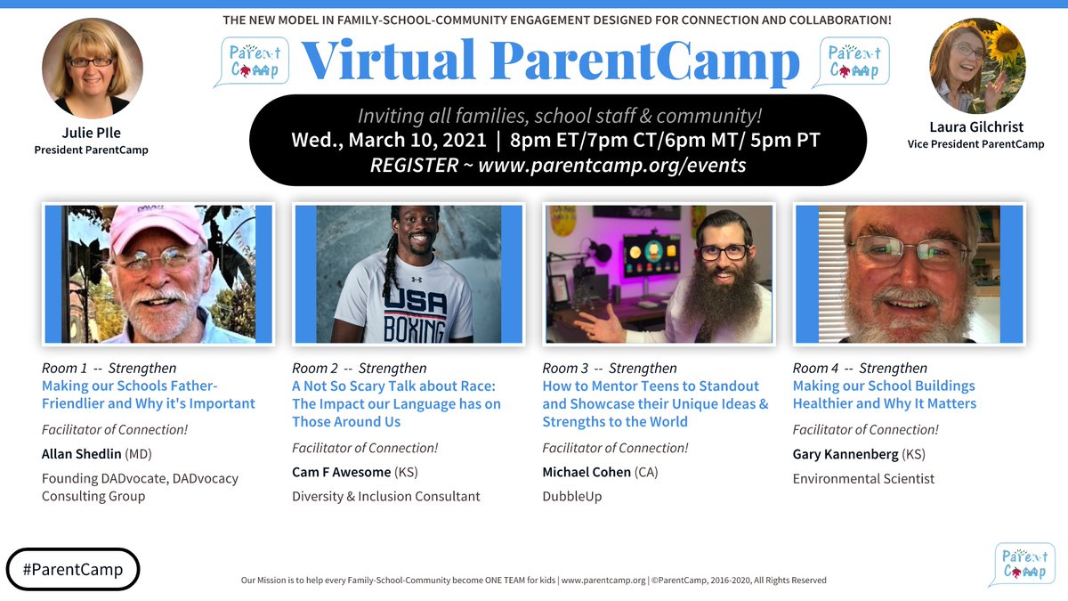 ☕️Do join us Wednesday for Virtual #ParentCamp! (1 hr) See what transformational family-school-community engagement feels like! #connection 4 topics--all req'd by our nationwide fam-school-community-- & 4 amazing facilitators of dialogue. Register here parentcamp.org/event/2021-03-…