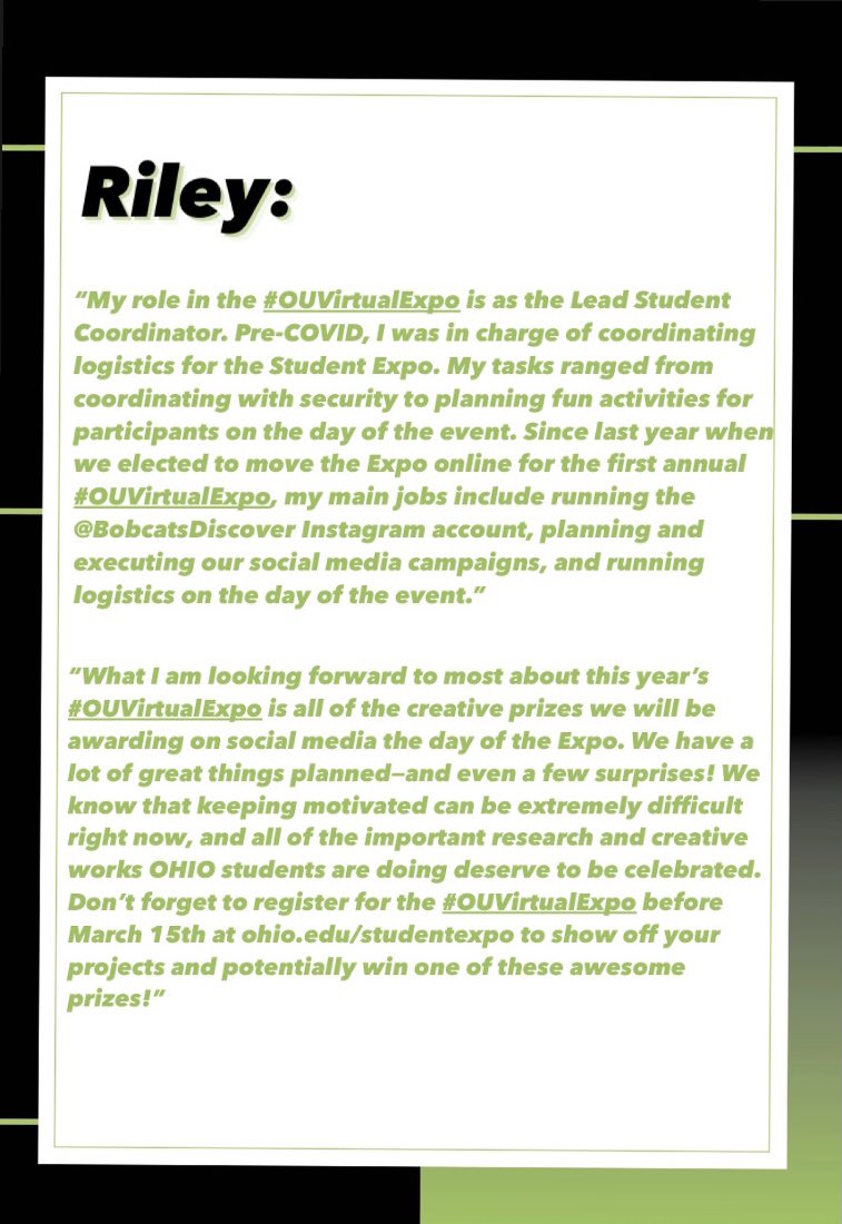 Riley Hoepfner is our next #OUVirtualExpo team member spotlight! Riley is our Lead Student Coordinator and a senior studying Anthropology in the HTC. This is her second year on the Expo team and second time helping to plan the #OUVirtualExpo.