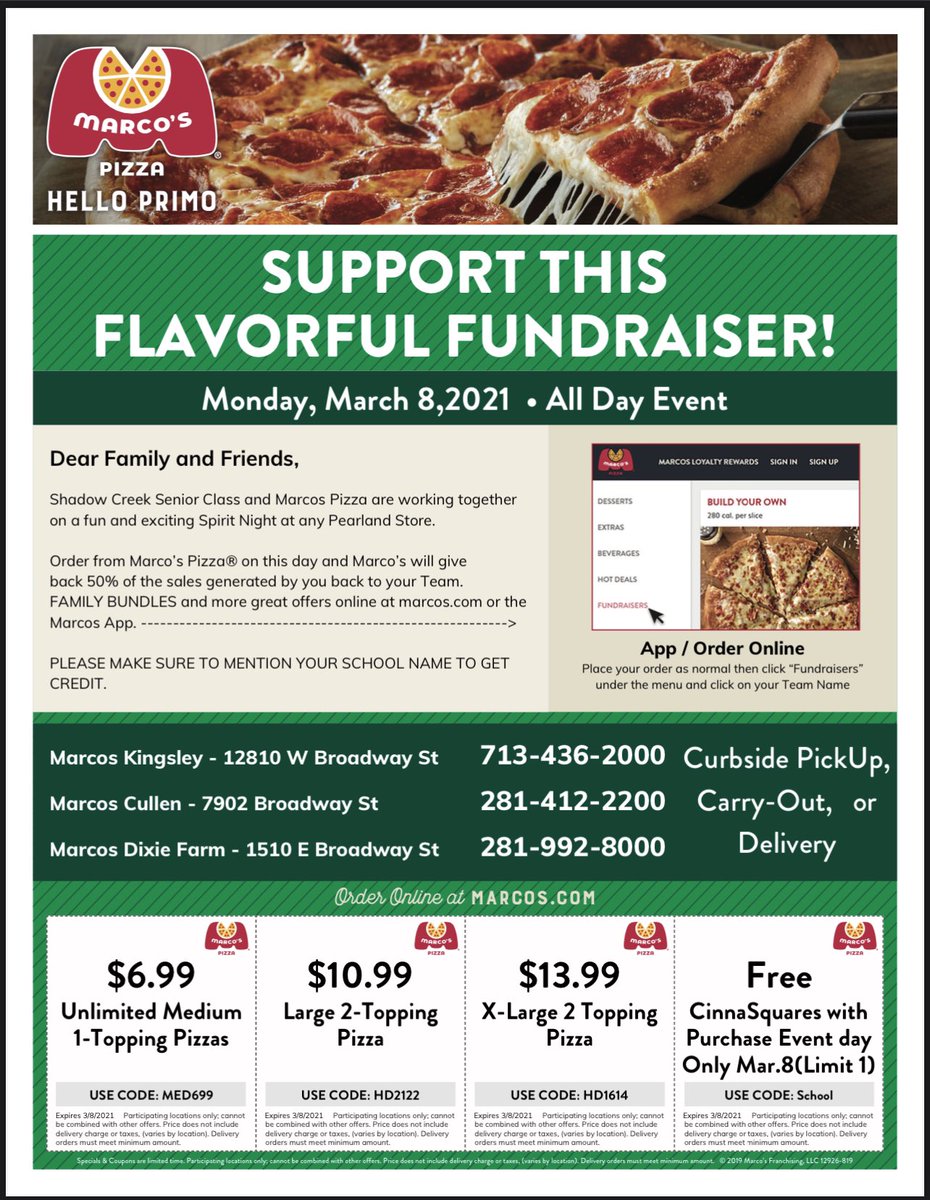 GradSchs's tweet image. Remember Marco’s for dinner tonight to support Grad Night!! Must mention Shadow Creek Senior Class for us to get the credit!! @ShadowCreekHS @schsseniors21