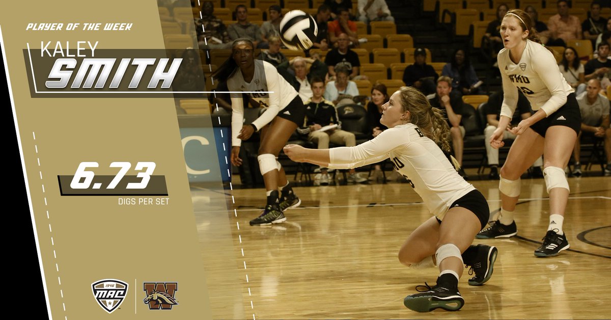 MACSports's tweet photo. Leading the Broncos to a perfect week defensively, senior libero/defensive specialist Kaley Smith also etched herself in the Bronco record book. Smith in three matches posted 74 digs, averaging 6.73 digs per set. 

@WMUVolleyball | #MACtion https://t.co/oxt6BDNP1b
