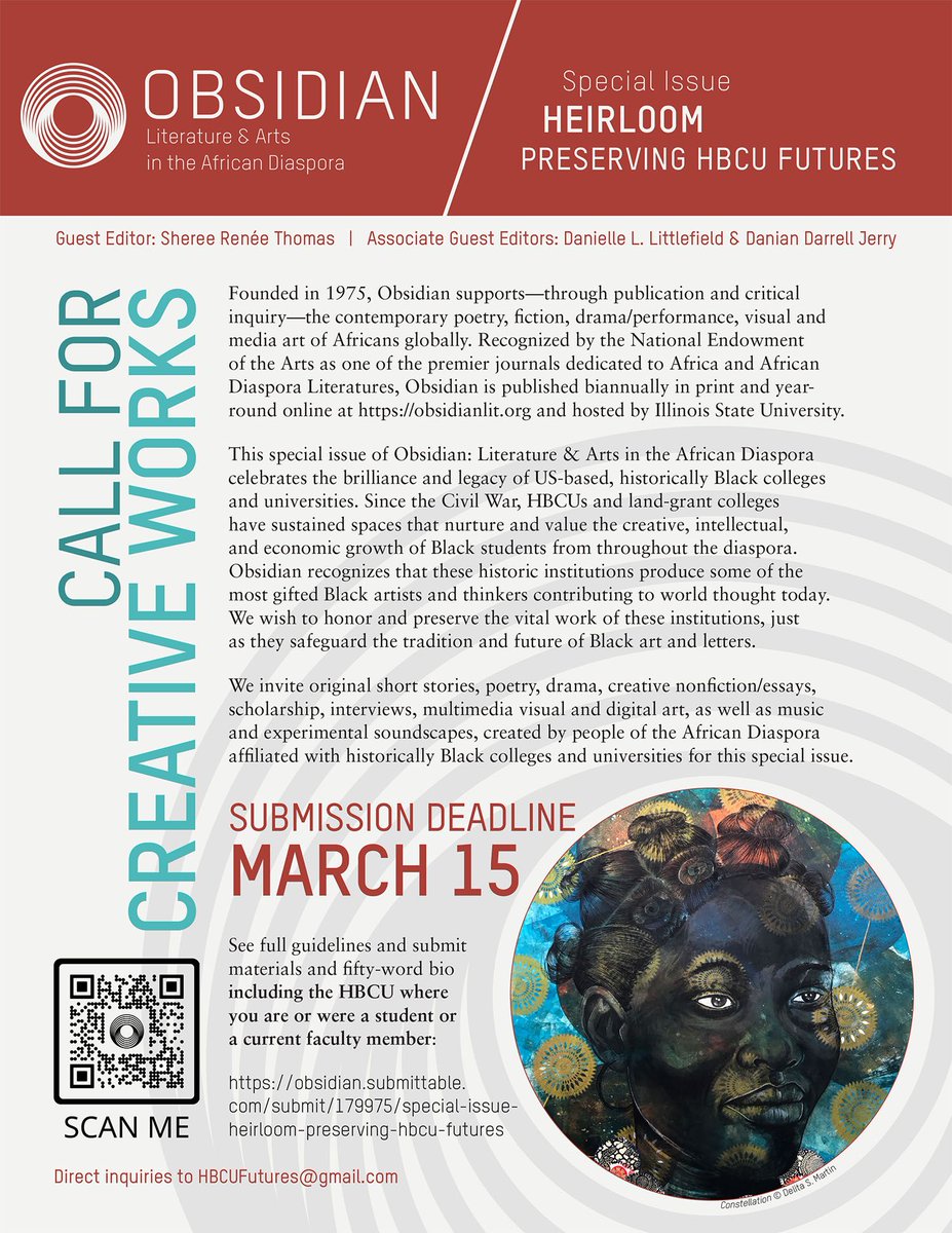 ObsidianLit's tweet photo. DEADLINE IN ONE WEEK: Submissions for the Heirloom: Preserving HBCU Futures special issue are due March 15 https://t.co/6mPqVok6kw