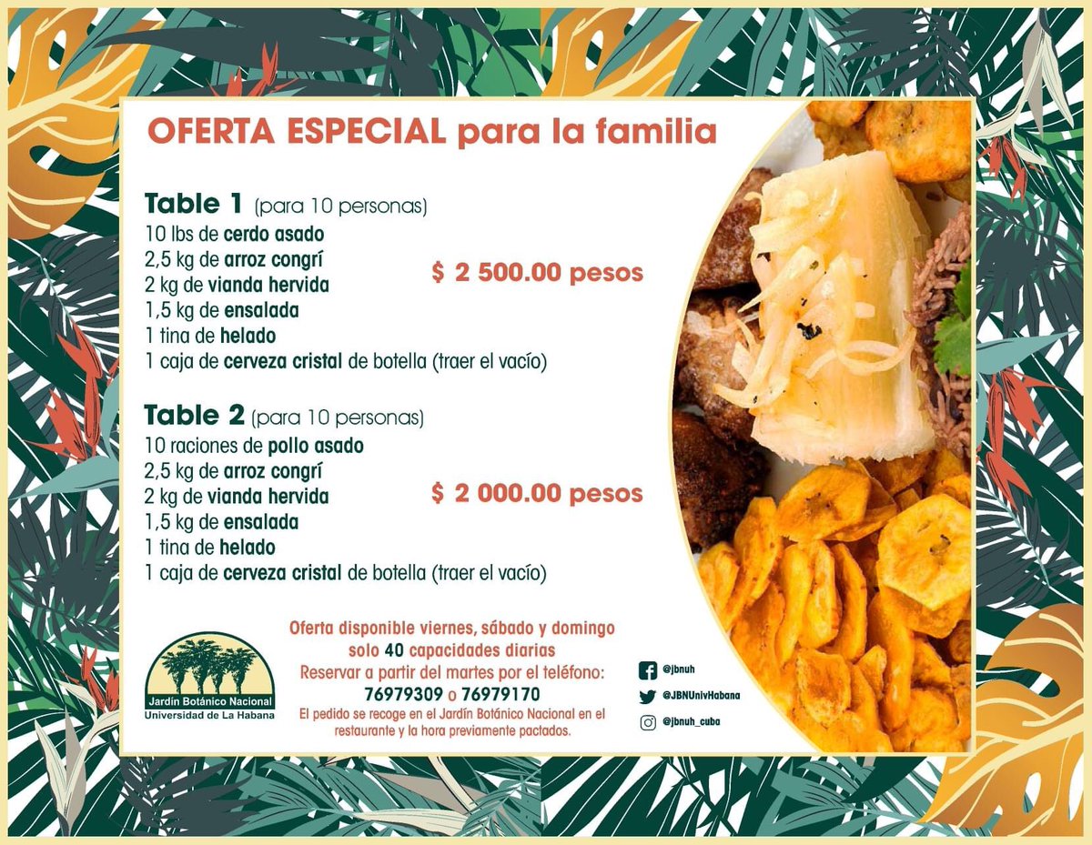 JBNUnivHabana's tweet photo. 📣📣📣📣📣
#OfertaEspecial para la familia en el @JBNUnivHabana - Comida para llevar 🏍
#Oferta disponible los fines de semana. 🍗🥗🍻
Sólo se reservan 4️⃣0️⃣ ofertas por día.
☎ Reservar por el 76979309 o 76979170
#gastronomia #comidacubana
#takeaway #totakeaway https://t.co/WKhiRJtuXN