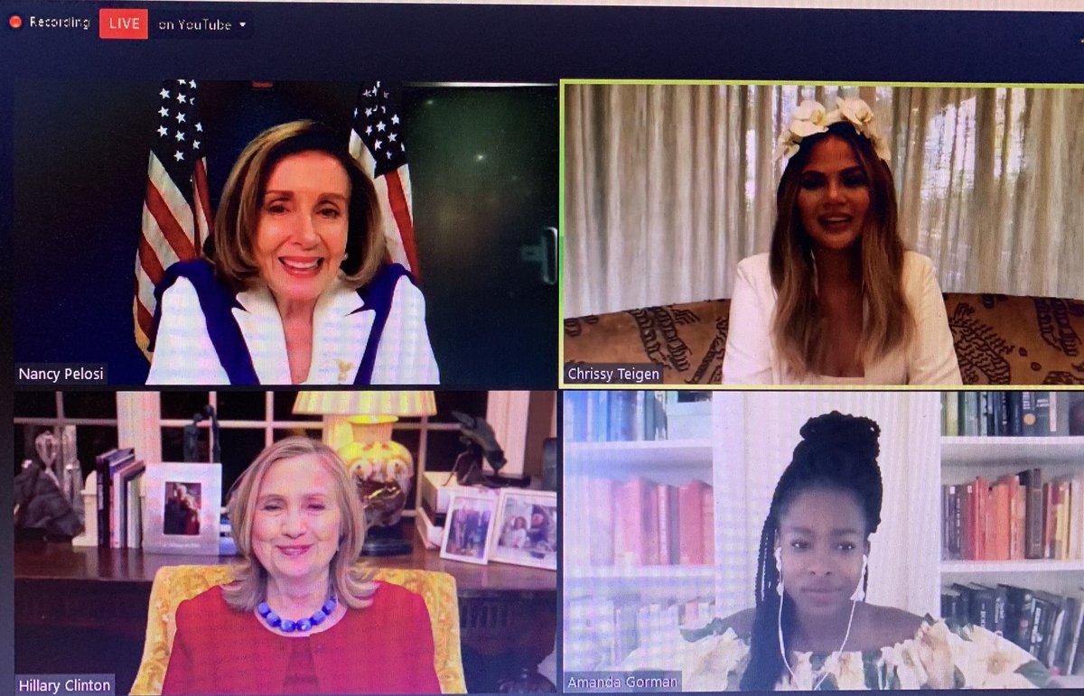 Thrilled to see these 4 amazing women on #InternationalWomensDay - ⁦@TrinityDC⁩ graduate ⁦@SpeakerPelosi⁩, ⁦@HillaryClinton⁩ ⁦@Wellesley⁩ - two graduates of #womenscolleges with  ⁦@chrissyteigen⁩ hosted by amazing poet ⁦@TheAmandaGorman⁩