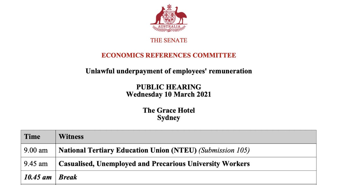 Tomorrow at 9.45am we're appearing at the Senate Economics Committee into Unlawful Underpayment. So is is the @NTEUNational and so are some of the Unis VCs. 

Tune in here or even head to the Grace Hotel in Sydney with <a href="/YaeganDoran/">Yaegan Doran</a> if you're keen!

aph.gov.au/News_and_Event…