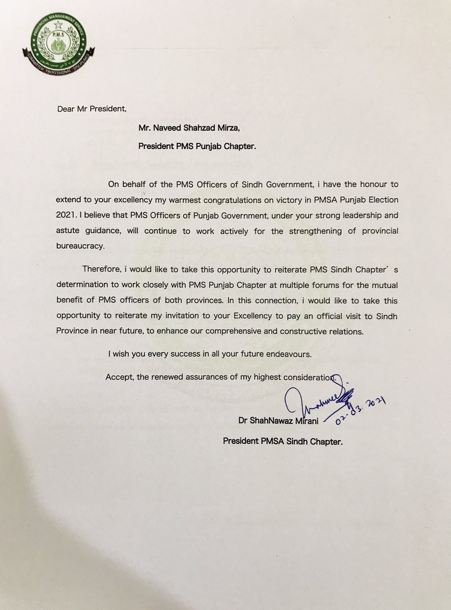 Congratulations to Mr. Naveed Shehzad Mirza for becoming newly elected President of PMSA Punjab Chapter. 
PMSA Sindh is committed to work in collaboration with PMSA Punjab for the welfare of PMS Officers of both Provinces.
<a href="/APPMSA2/">All Pakistan Provincial Civil Services Association</a> 
<a href="/PMSPUNJAB/">PMS Officers Association of Punjab.</a> 
<a href="/pms_kp/">PMS Khyber Pakhtunkhwa</a> 
<a href="/bcsowa1/">Balochistan Secretariat Officers Association</a>
