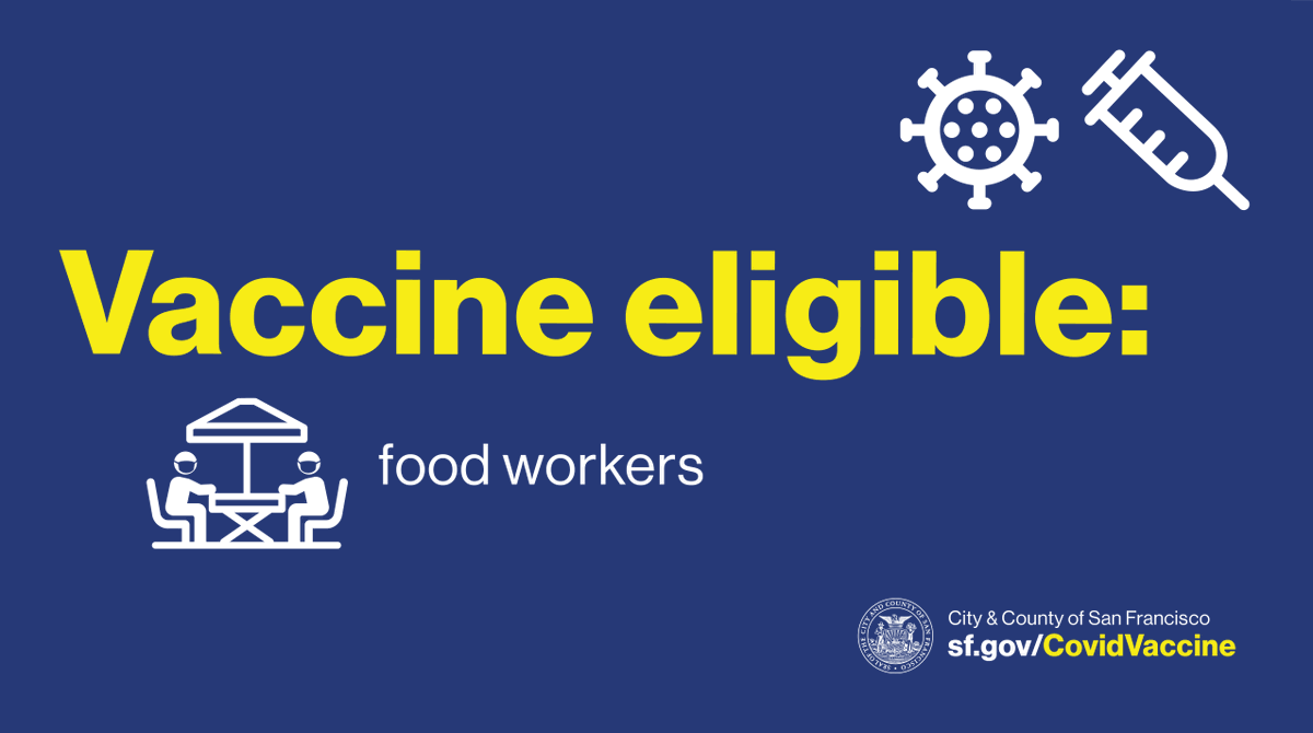 SF_DPH's tweet photo. Thank you for feeding us! Restaurant and food workers are now eligible to get the vaccine. Not sure if you qualify? check here: https://t.co/UWilpUZcHX and get vax at https://t.co/0pXsfrmoNA https://t.co/M72jeYAPys