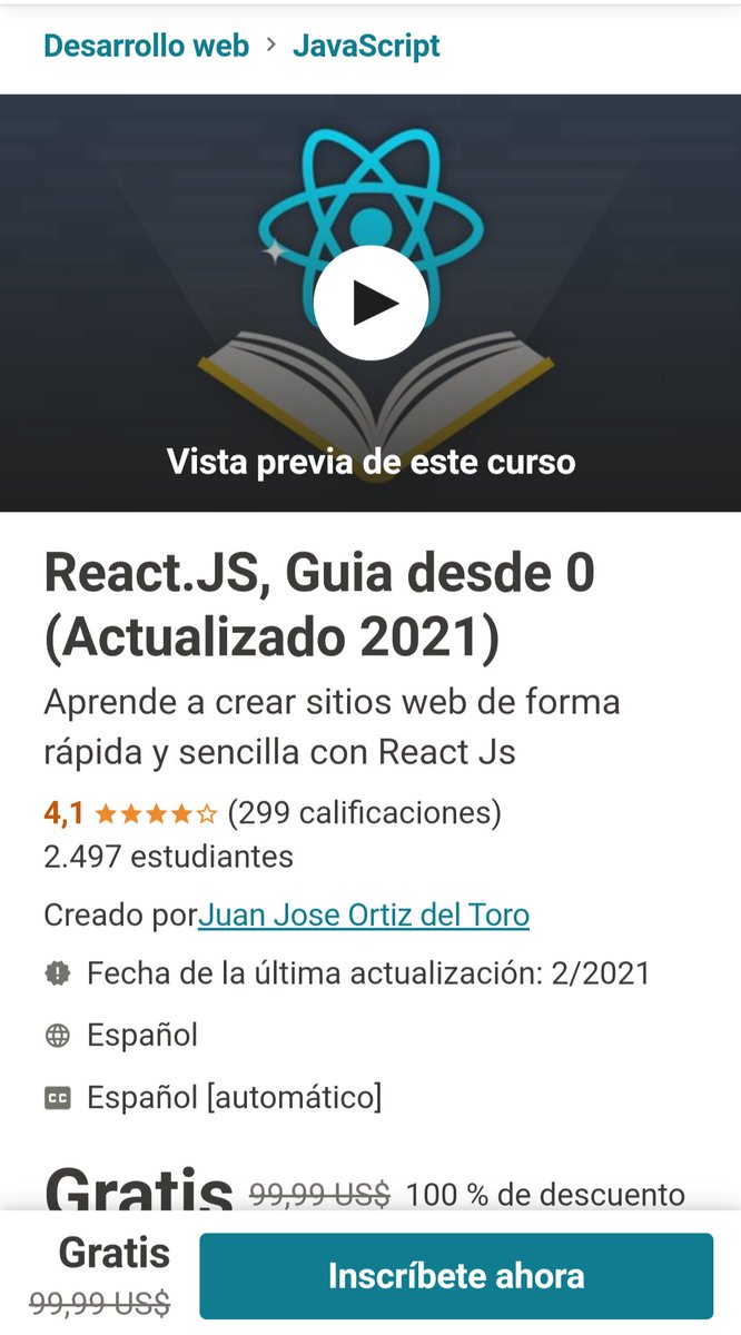 BondioDuko's tweet image. CURSOS: VUELVEN LOS CURSOS GRÁTIS, EN ESPAÑOL Y CON CERTIFICADO. SI TIENE MUCHOS RT A LA NOCHE SUBO EL DE YOUTALKTV Y LOS LIBROS, ASÍ QUE COMPARTAN

React.JS, Guia desde 0 (Actualizado 2021): 
udemy.com/course/reactjs…