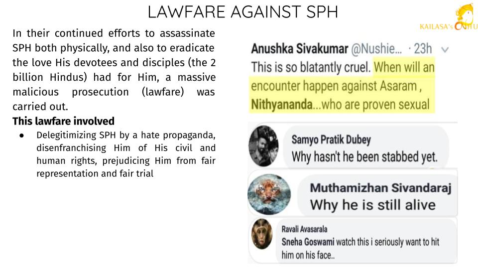 #JusticeForNithyananda 
-ILLEGAL DENIAL OF NATURAL CITIZENSHIP for SPH <a href="/SriNithyananda/">KAILASA's SPH NITHYANANDA</a> 
-70 Assassination Attempts
-250 sexual assaults on SPH, His monks &amp; disciples
-Lawfare of 120 false cases over 10 yrs
-Massive hate propaganda 14,000 hrs of hate speech
WHY?