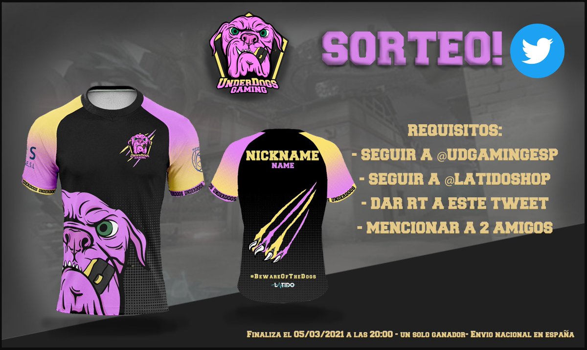 UnderDogsSYN's tweet photo. 🎉¡Hoy no se acaban las sorpresas! Os presentamos la camiseta oficial del club, y qué mejor forma de hacerlo que con UN SORTEO‼️🐶😁

👊Requisitos:
- Seguir a @UDGamingesp 
- Seguir a @latidoshop 
- Dar RT a este tweet
- Mencionar a 2 amigos

❎FINALIZA EL VIERNES 5/03 (20:00) https://t.co/5mU8zUGuLN