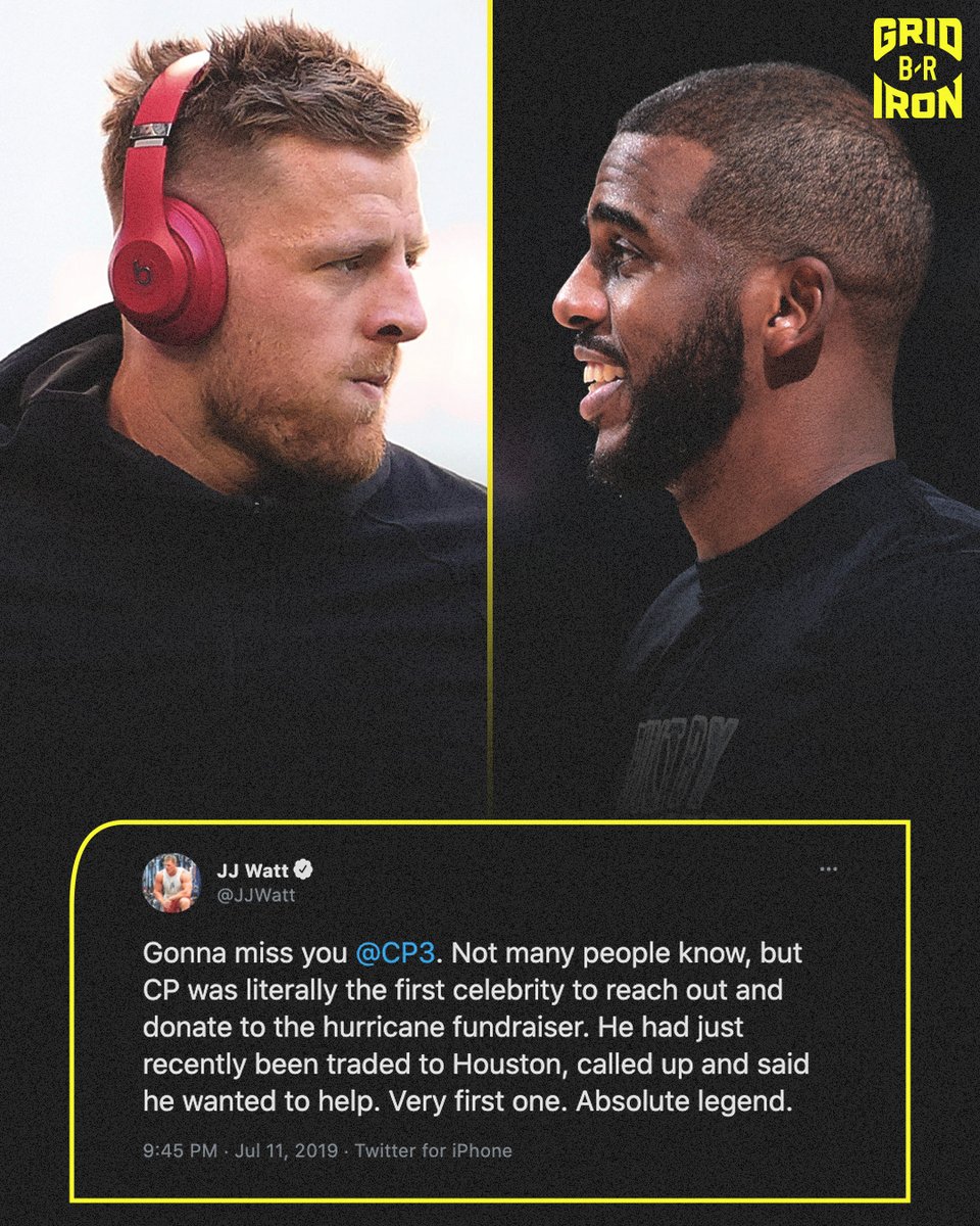 BleacherReport's tweet photo. .@CP3 was the first celebrity to help out @JJWatt with his hurricane fund. 

Now they’re both in Arizona 🤝  @brgridiron https://t.co/fA7RJk2tep