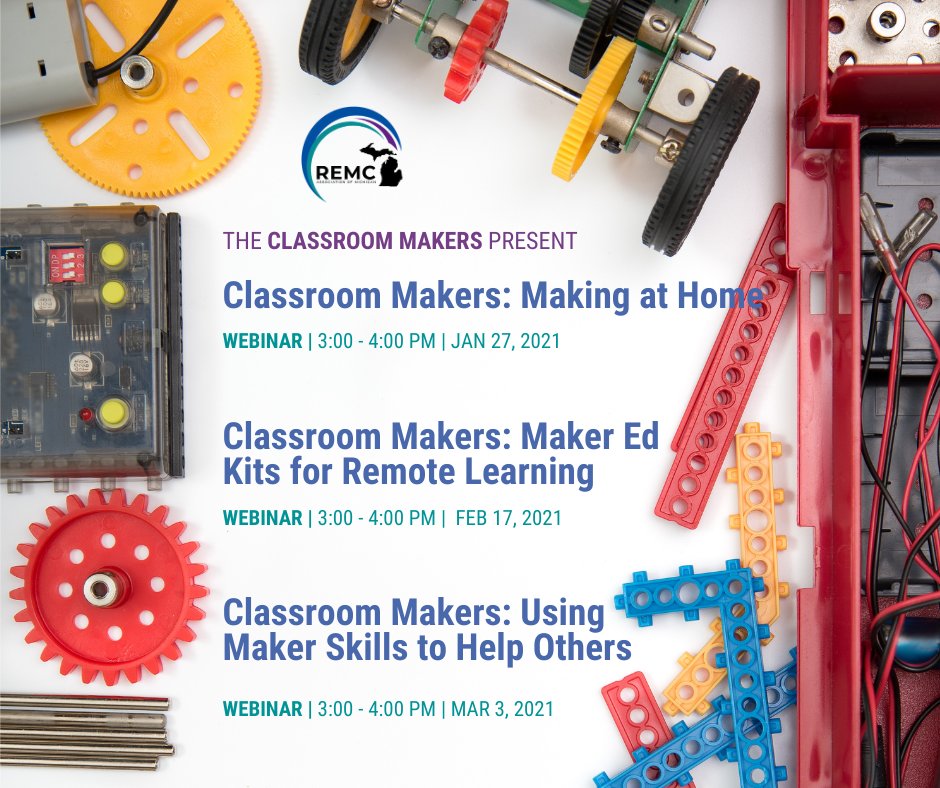 REMC12W's tweet image. Readers and Writers are Makers. Classroom Makers show activities to support remote learning. Connect students with innovation: the 4Cs! WED, MAR 3, 3 - 4 pm, 1 SCECH. $25 Amazon Card! bit.ly/3aztLUq #swmistem #mistem @KalRESA  @KRESAIS
