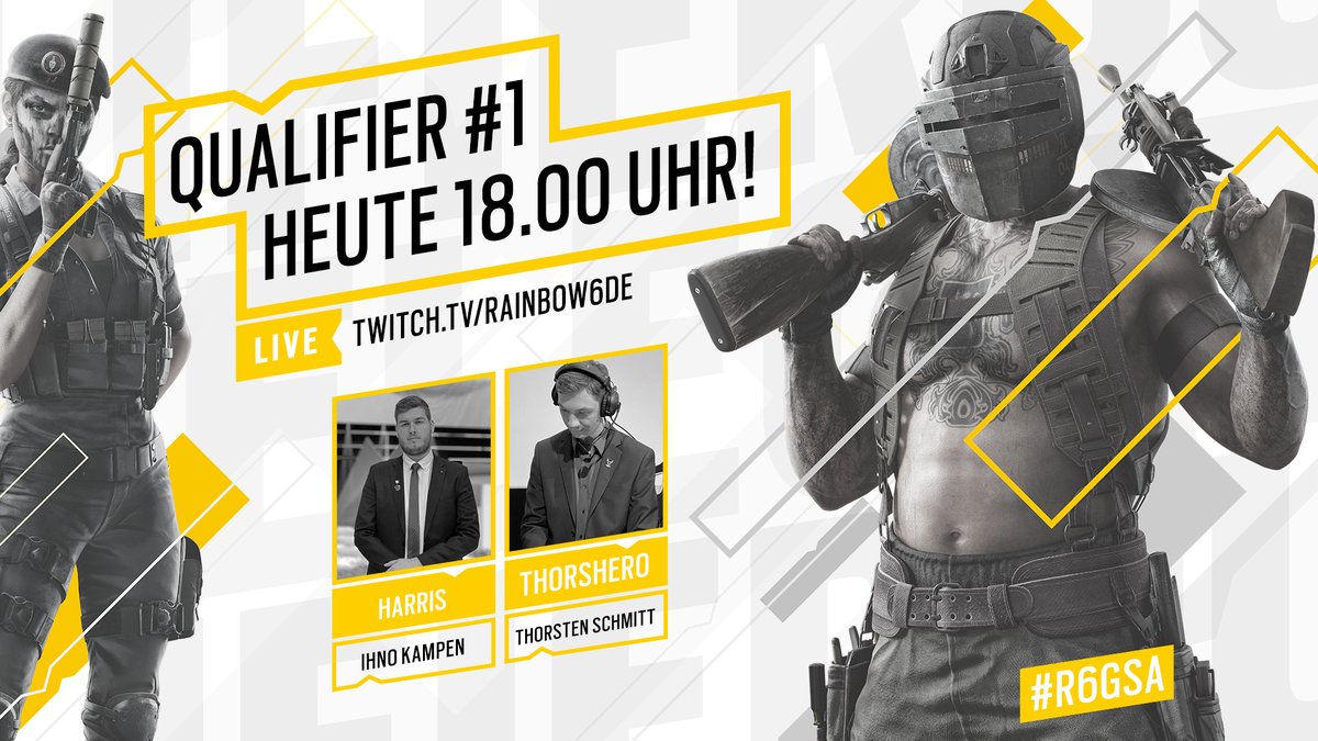 Wisst ihr was heute ist? Open Qualifier 1 für die #R6GSA!
Wer kann sich erste Punkte holen?

🎙️ <a href="/harrisr6s/">Ihno "Harris" Kampen</a>
🎙️ @ThorsHeroR6
🎥 <a href="/DerJoste/">Joste</a>

🕐 18:00 CET

Live auf Twitch:
▶️ twitch.tv/rainbow6de