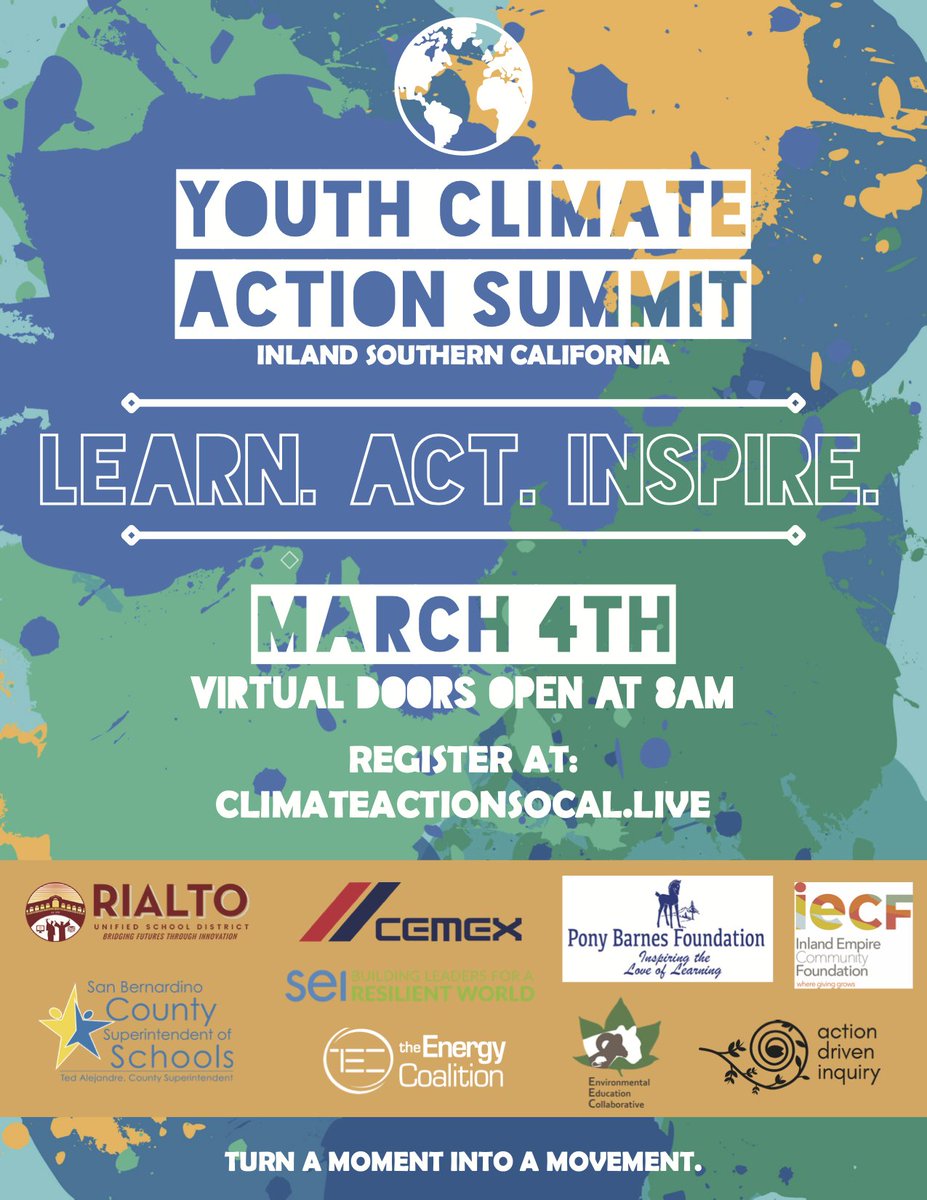 EECollaborative's tweet photo. THIS Week!!!!!!!

YOUTH CLIMATE ACTION SUMMIT
San Bernardino &amp; Riverside Counties

Register and enter here: https://t.co/bWZAdXCHzt
Virtual Doors open Thursday, March 4, 2021 8AM

Invite your students!

#ClimateAction #YouthVoice #EnviroJustice #EnviroEd21 https://t.co/Jc27zmIJXR
