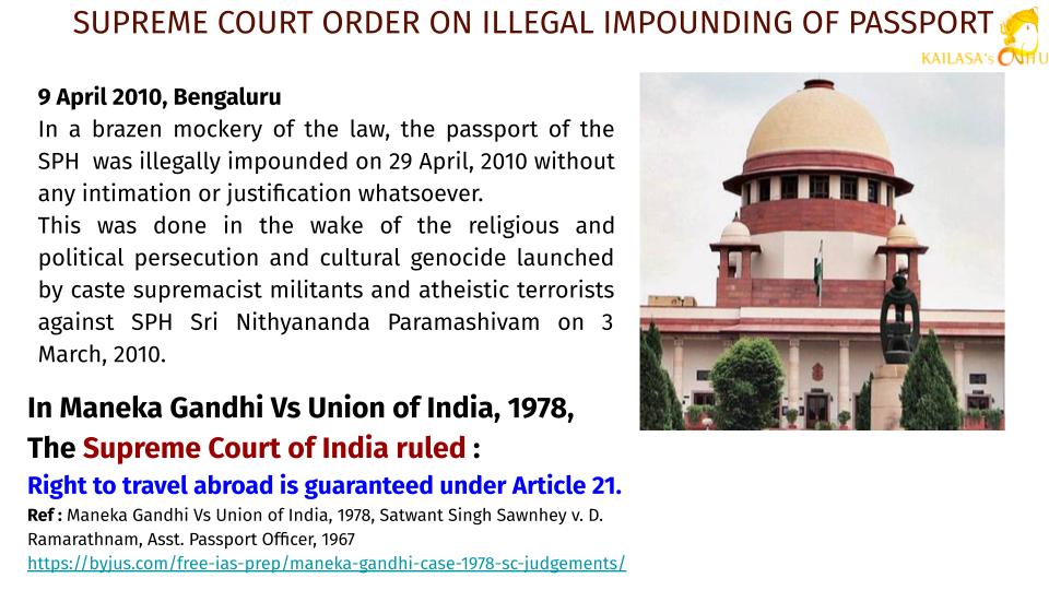 #JusticeForNithyananda #Nithyananda #KAILASA
Even #SupremeCourt cannot impound a passport of a citizen, then how come <a href="/SriNithyananda/">KAILASA's SPH NITHYANANDA</a>  passport was illegally impounded ? We can clearly see the violation of Article 13 of UN in this case by Passport Issuing Authorities