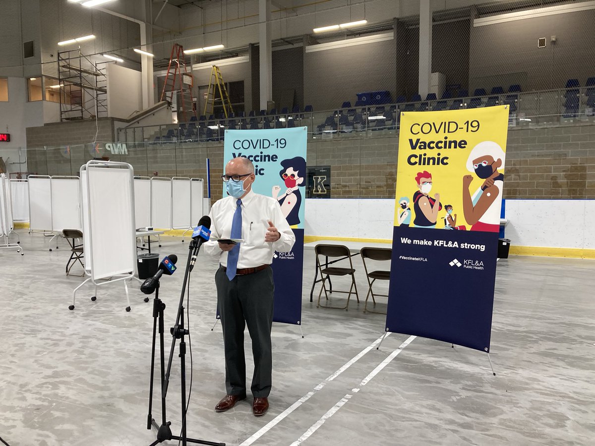Dr. Kieran Moore, <a href="/KFLAPH/">KFLA Public Health</a>’s medical officer of health, spoke to media at the Invista Centre in #ygk today, one hour before the COVID-19 vaccination centre, set up on one ice pad, was set to open its doors to begin vaccinating people from the region at 4 p.m.  <a href="/WhigStandard/">The Whig-Standard</a>
