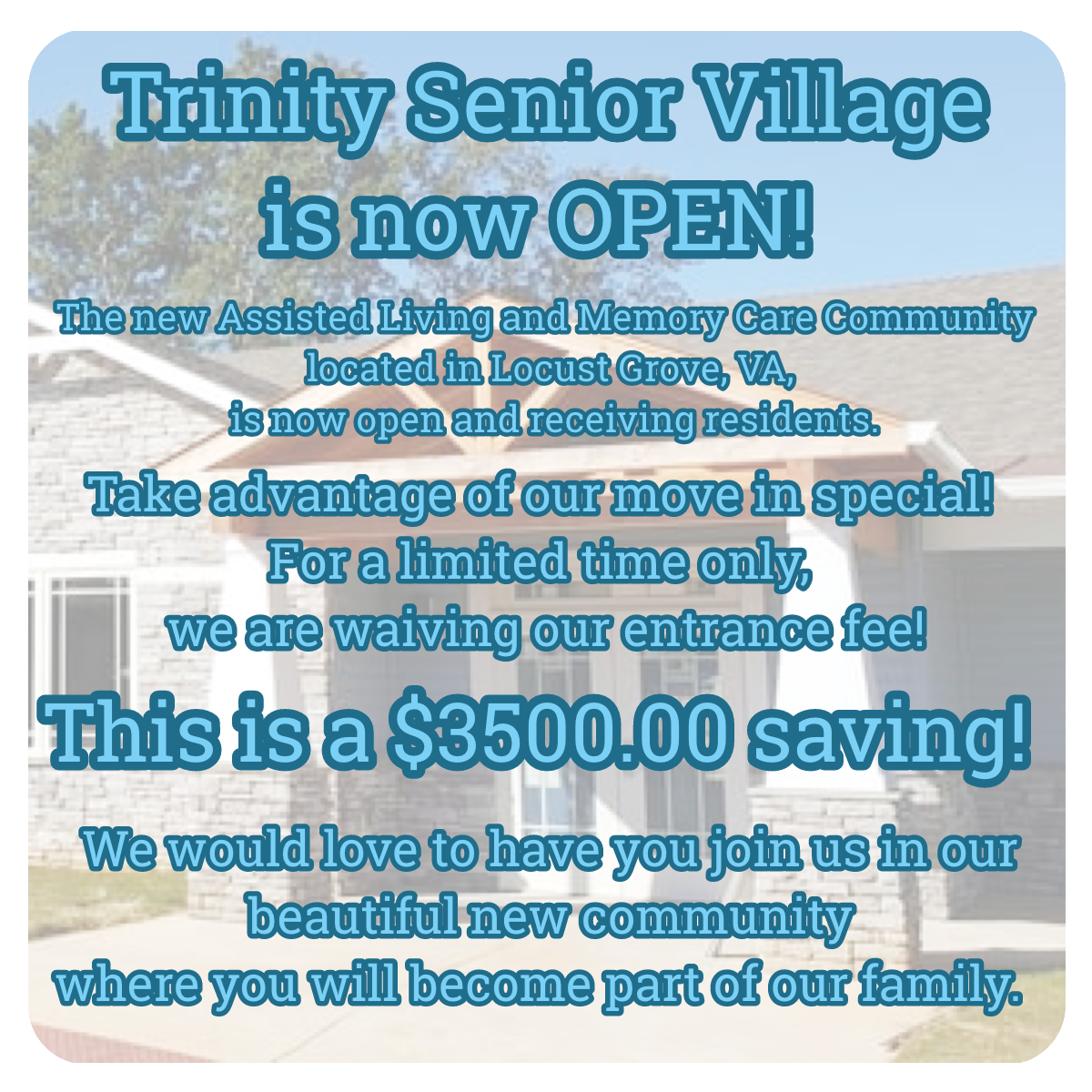 TrinitySenior's tweet photo. We are inviting you to take advantage of our current move-in special!
For a limited time, we are waiving our entrance fee, which means a $3,500.00 saving!!
#trinityseniorvillage #trinitysenior #locustgroveva #orangecountyva #assistedlivingfacility #memorycarefacility https://t.co/Y5LwJOhhQJ