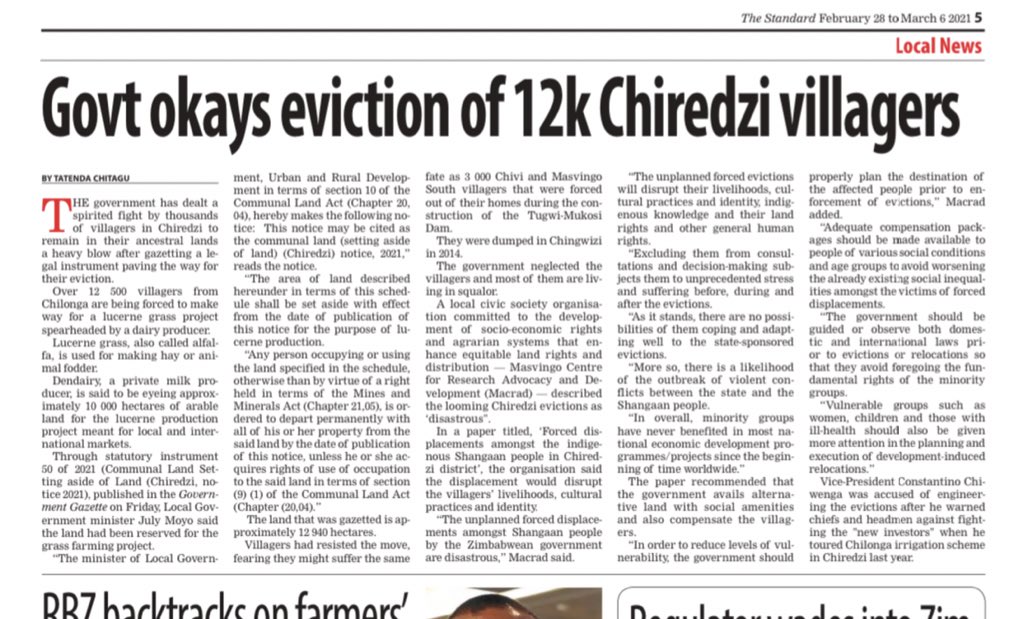 Tomorrow we at 1 pm we will air a mini documentary on people vs grass war in Chiredzi’s Chilonga. We speak those affected, the people government seeks to relocate from their homes so that investors can grow grass. You can’t miss this @MACRADTrust @Sizzle76 @daddyhope @TrevorNcube