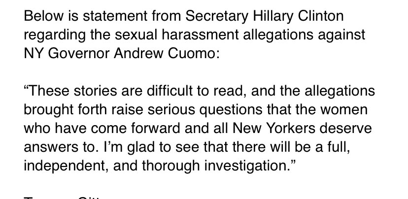 🚨 statement from @HillaryClinton regarding sexual harassment allegations against @NYGovCuomo ...HRC calling stories “difficult to read” adding she’s glad there will be “full, independent & thorough investigation” @FoxNews