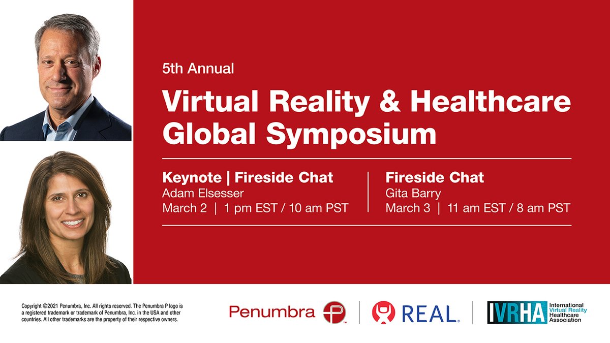 We are proud to participate in the 5th Annual Virtual Reality & Healthcare Global Symposium. Join Penumbra CEO Adam Elsesser and REAL® System GM Gita Barry as they discuss #VR use in rehabilitation and the REAL System. Read more here: bit.ly/3b42J7i #IVRHA