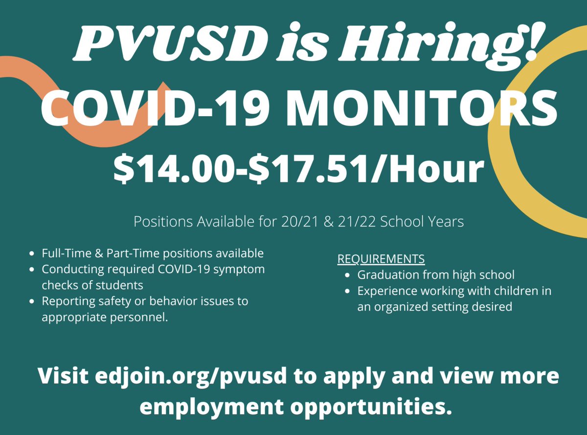 #PVUSD is hiring COVID-19 Monitors! Visit our website at pvusd.net/pvusdedjoin 
Estamos contratando Monitores de COVID-19!  Visite la pagina EdJoin para aplicar.  
<a href="/mlrod32/">Dr. Michelle Rodriguez</a> 
Pajaro Valley Unified School District Human Resources 
PVUSD Parents