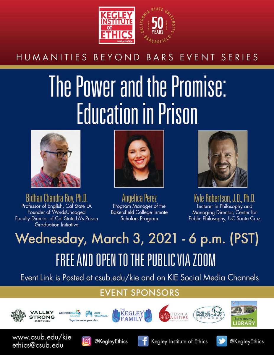 Center for Public Philosophy at UCSC (@pubphilucsc) on Twitter photo Make sure to tune into this event today at 6 P.M. (PST), "The Power and the Promise: Education in Prison," courtesy of <a href="/KegleyEthics/">Kegley Institute at Cal State Bakersfield</a>.
#PrisonEducation #highereducation Make sure to tune into this event today at 6 P.M. (PST), "The Power and the Promise: Education in Prison," courtesy of <a href="/KegleyEthics/">Kegley Institute at Cal State Bakersfield</a>.
#PrisonEducation #highereducation
