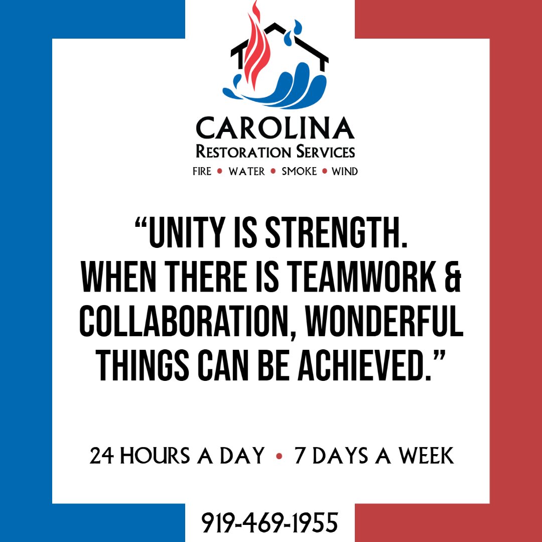 “Unity is strength. When there is teamwork &amp; collaboration, wonderful things can be achieved.” -  Mattie J.T. Stepanek 

#MondayMotivation #CarolinaRestorationServices