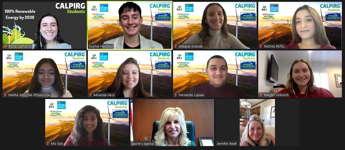 Thank you <a href="/AsmLaurieDavies/">Assemblywoman Laurie Davies</a> for meeting with <a href="/CALPIRGStudent/">CALPIRGStudent</a> leaders for our 2021 Climate Lobby Day to talk about a 100% clean energy future!