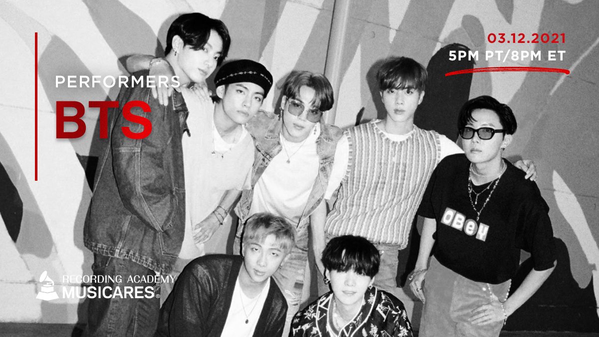 RecordingAcad's tweet photo. We’re excited to announce that GRAMMY-Nominated #BTS (@bts_bighit) have joined @MusiCares' incredible lineup of #MusicOnAMission performers! ⚡️

🎟 Tickets are now available: https://t.co/TbKqZS22mh https://t.co/4tQLwP8RdB