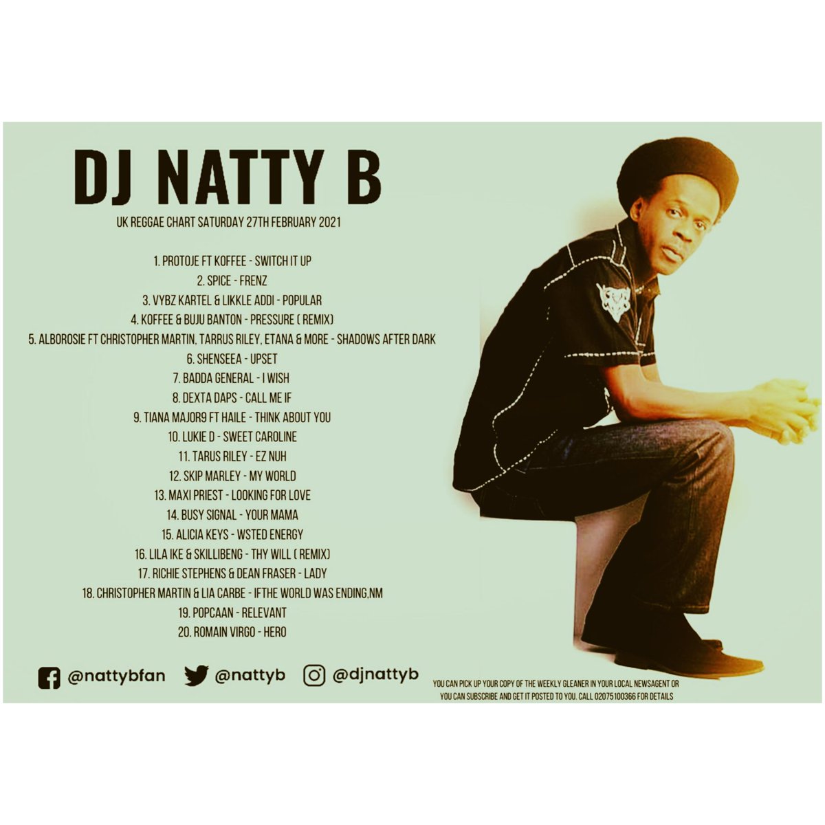 nattyb's tweet photo. Here's this weeks 'Top 20 UK Reggae Chart' as of the 27th February 2021
#KeepingThePulseOfReggaeMusicAlive
#UKReggaeChart #DJNattyB #MiSoulRadio #reggae #dancehall #chartshow #radioshow #radiohost https://t.co/SmripZsgln