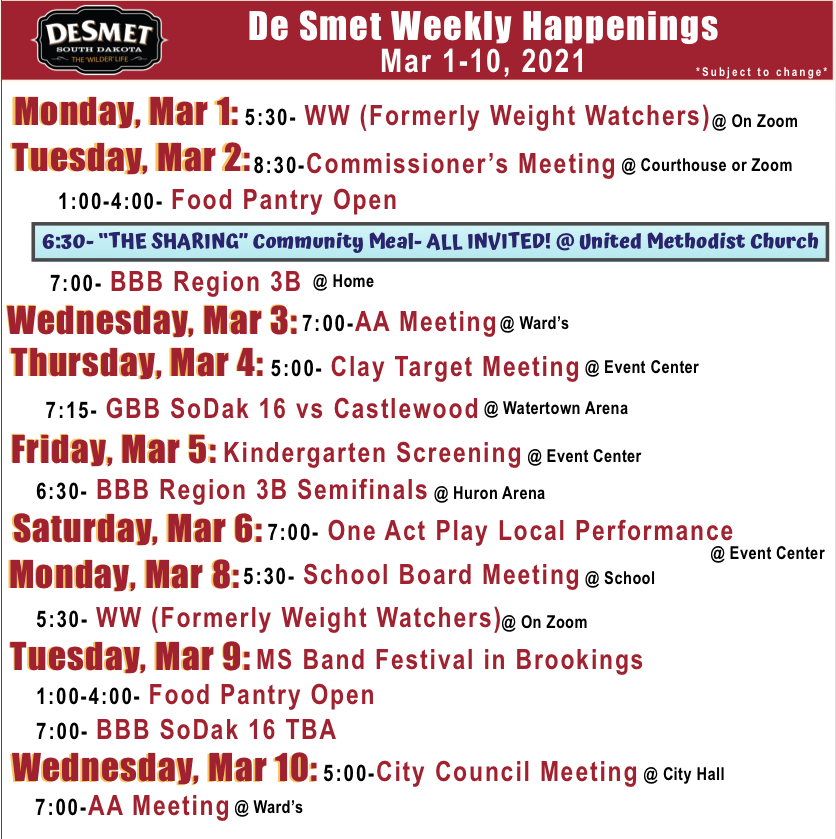 DeSmetDev's tweet photo. It's March already! ☀️

Check out what's going on around town. Good luck to both the girls and boys basketball teams this week! 🏀

Also! New jobs added this week so check them out!! https://t.co/USuv94B4CY