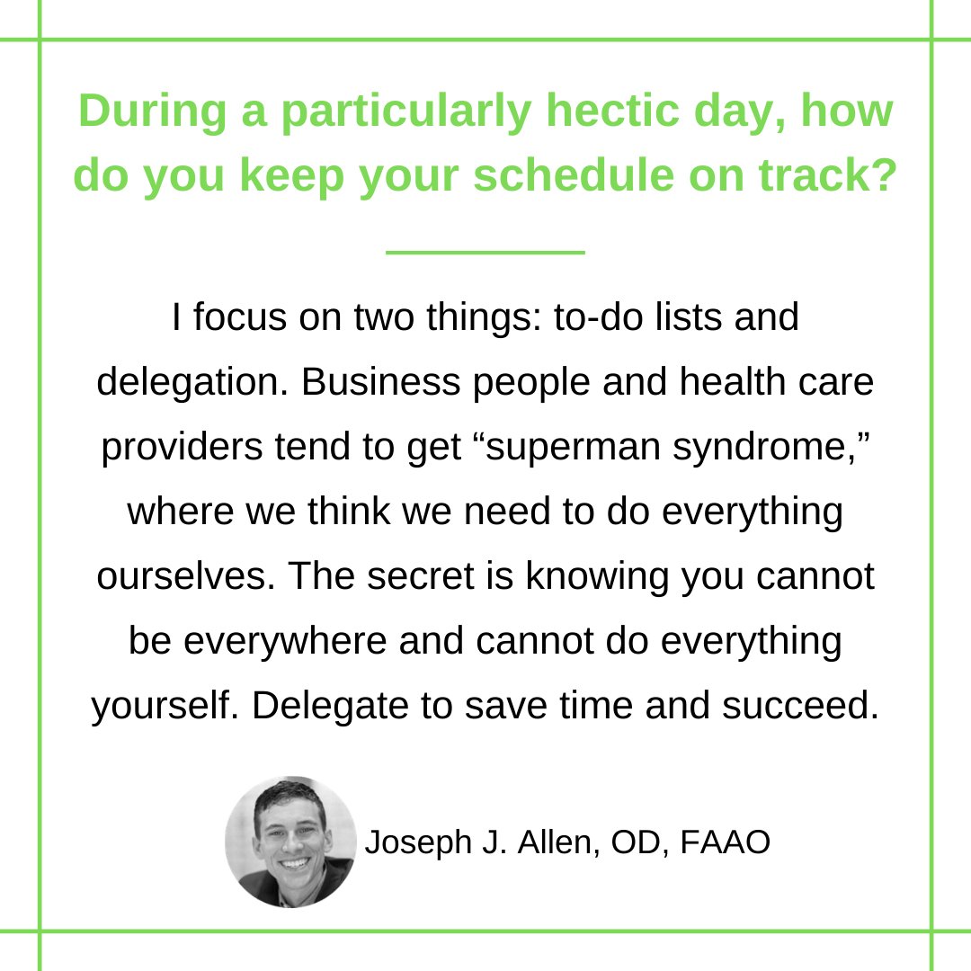 ModOptometry's tweet image. Happy MOD Squad Monday! We’ve asked Dr. Joseph Allen how he keeps his schedule on track during a hectic day. Swipe to read his response --&amp;gt;

#ModernOptometry #MODSquadMonday #Optometry #Optometrist #EyeDoctor #EyeDoctors #EyeCare #EyeHealth #HealthCare #QandA
