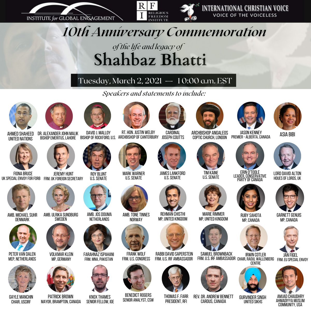 icv_canada's tweet photo. 10TH MARTYRDOM ANNIVERSARY OF SHAHBAZ BHATTI

Join us tomorrow, March 2, as the international community comes together to commemorate the life and legacy of #religiousfreedom hero #ShahbazBhatti. 

RSVP: https://t.co/eyqbRIUfiI https://t.co/x7BKR7dtxF