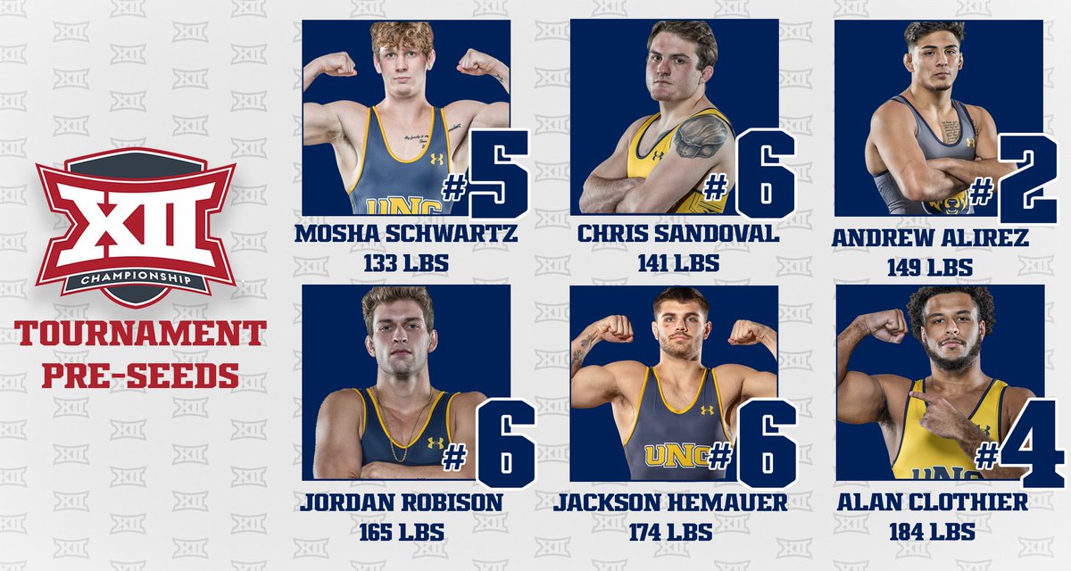 UNCBearsWrestle's tweet photo. It’s Big 12s week!!! The pre-seeds our out! We’ve got 6️⃣ guys seeded! #BearsStrong🐻🤼‍♂️ #HibernationIsOver #BearDown https://t.co/L9rO4PYazL