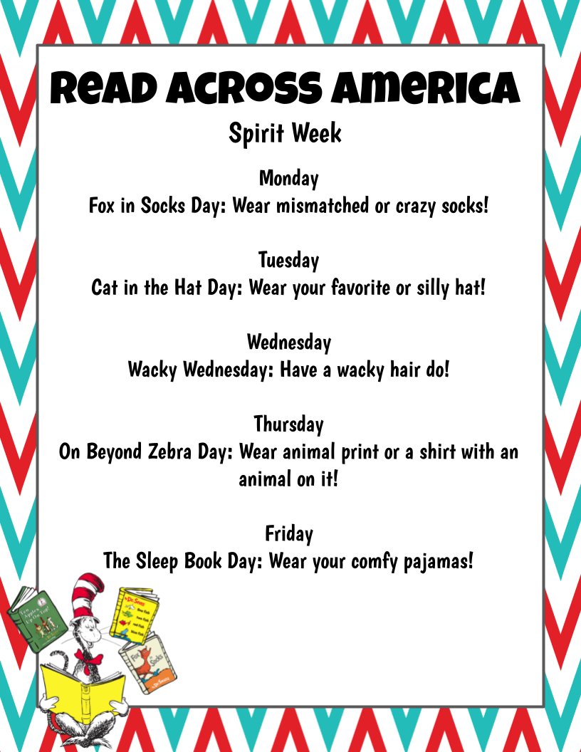 Please join us to celebrate Read Across America Week. Each day there is a different theme for students to participate in and show their school spirit.