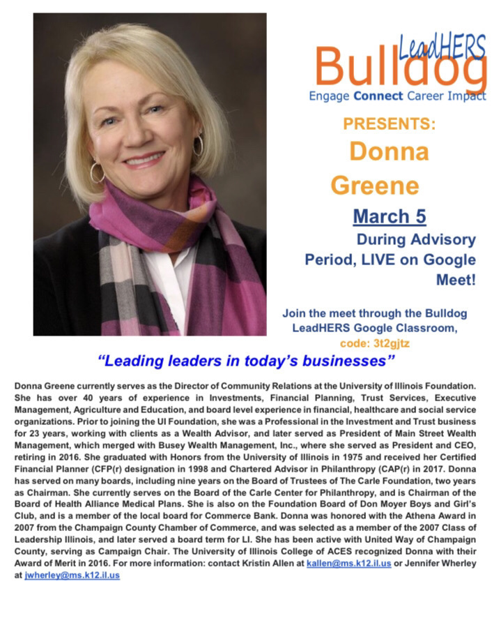 MSHSBulldogs's tweet image. Join us Friday during advisory! We are excited to welcome Donna Greene to Bulldog LeadHers!