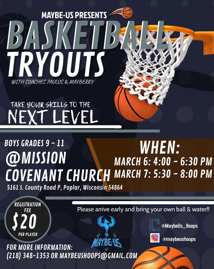 MaybeUs_Hoops's tweet photo. Looking for an opportunity to take your game to the next level?! Tryouts for our Spring/Summer team will be held on March 6th &amp; 7th at Mission Covenant Church in Poplar, WI #MaybeUsHoops https://t.co/BGQtB5TvQ0