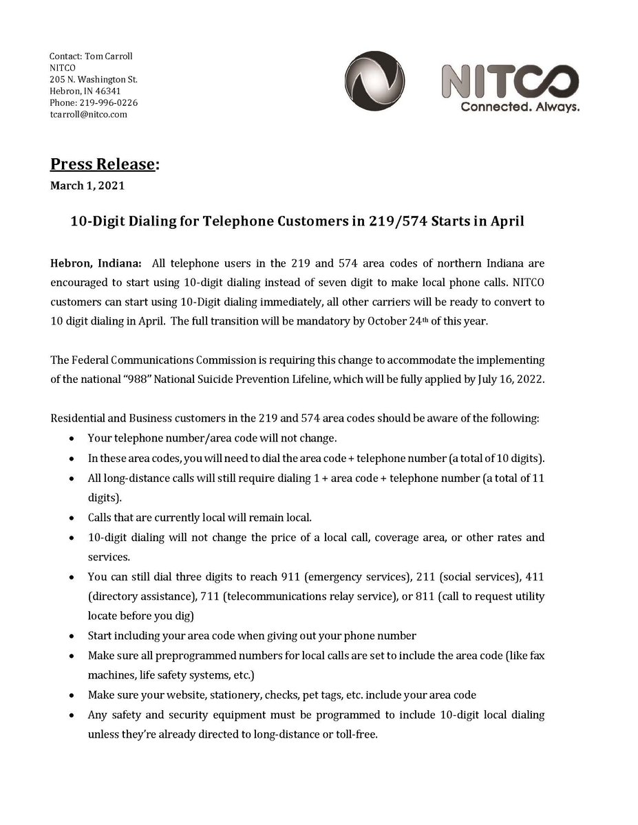 NITCO205's tweet photo. Important information regarding 10 digit dialing. You can also review information on our website https://t.co/9qxH5hFXp6 https://t.co/jlohzmhFKP