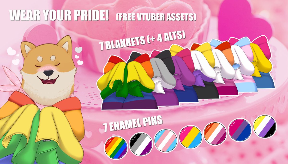 GenSheeb's tweet photo. Free LGBT VTuber assets!  [RT appreciated]
Wear your colors with pride! 11 LGBT-themed blankets (credit: @/cakecatboy) + 7 enamel pins.
For every download, a donation will be made to a LGBT charity! (more details below)

Download: https://t.co/lm3lwQLNkr

#VTuberEN #VtubeStudio https://t.co/yV6Iu520VX