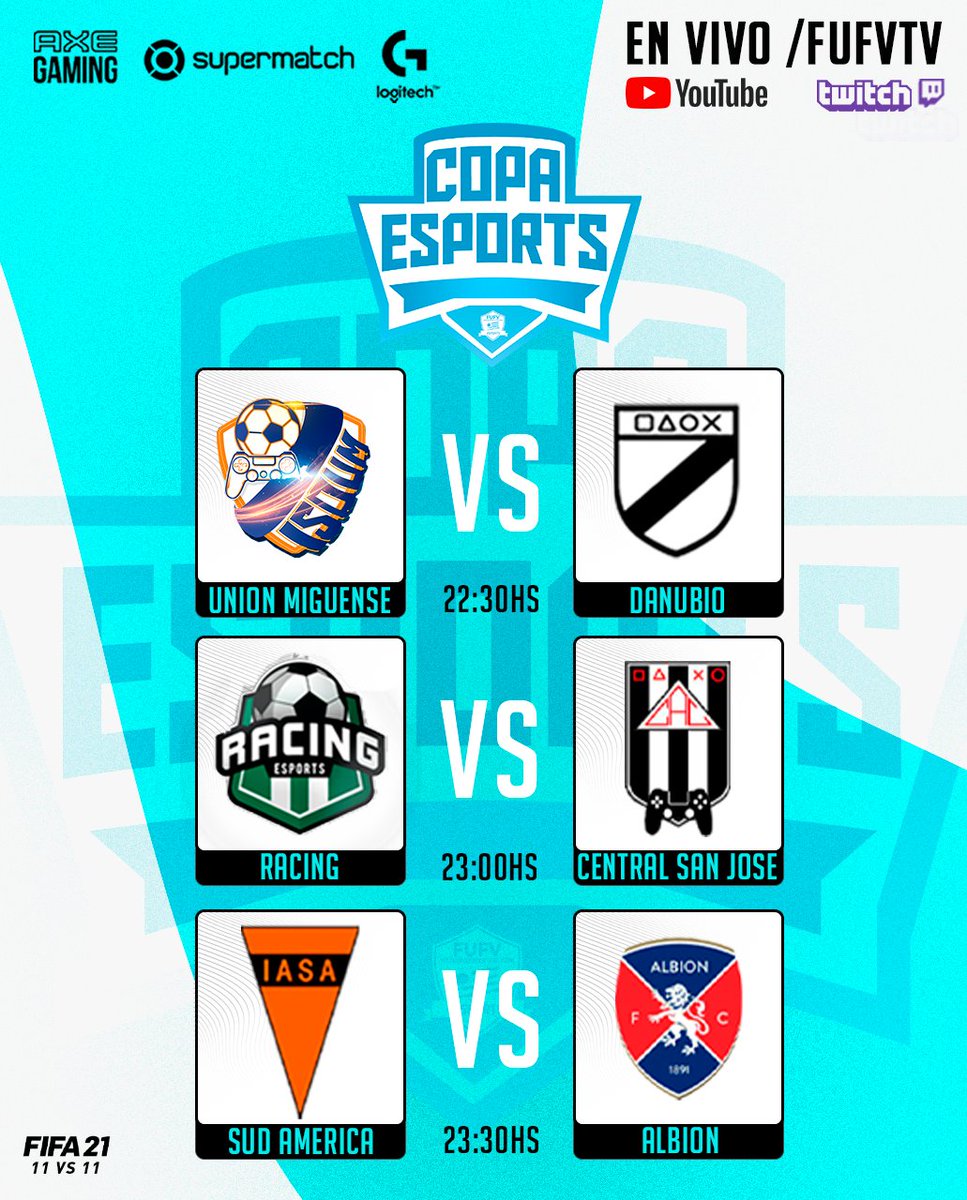 AUDVesports's tweet photo. ➡️Esta noche EN VIVO #FUFVTV

#CopaEsportsFUFV🏆🎮⚽️

@ClubesUnion vs @DanubioeSports 
@RacingMeSports vs @CAC_eSports1909 
@IASAeSports vs @EsportsAlbion 

🎙️Relatos @DaroBuonomo14 @DRA_Relatos 
🗣️Comentarios @JoacoPisa1029 https://t.co/svgaeCjiLz