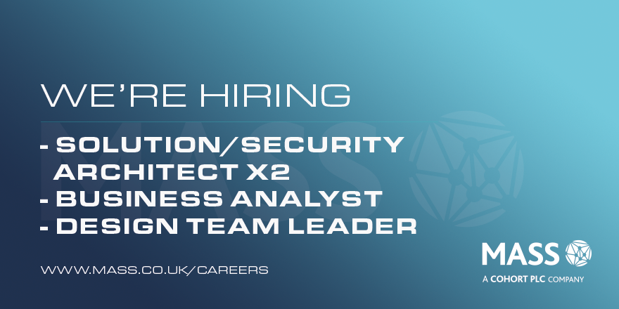 LifeatMASS's tweet photo. To celebrate National Careers Week, we are delighted to share with you 4 vacancies available in Bristol:

• Solution/Security Architect x2
• Business Analyst 
• Design Team Leader

To find out more visit: https://t.co/jPMwKXFeY2 or contact recruitment@mass.co.uk

#NCW2021 https://t.co/EK06uCPDqP
