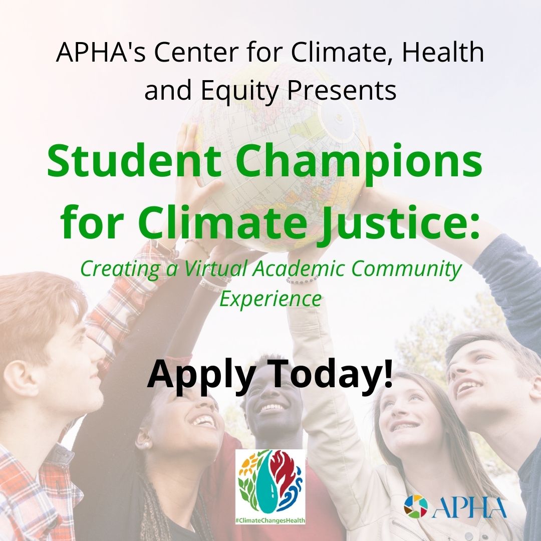 EH_4_ALL's tweet image. Student Champions for #ClimateJustice Awards: deadline extended to March 15! APHA's Center for Climate, Health and Equity will provide support for #StudentGroups to design virtual experiences to engage academic communities in #ClimateChangesHealth issues bit.ly/3pm9JQN