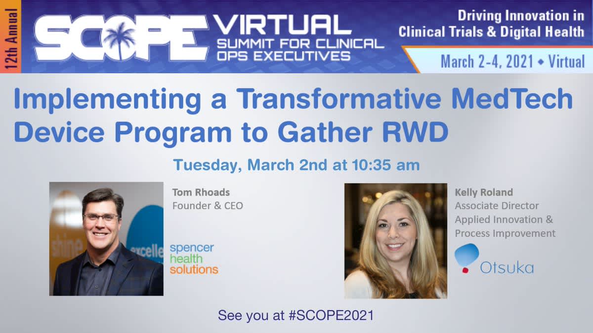 TomPRhoads1's tweet photo. #SCOPE2021 is about to begin! Check out a candid conversation between our CEO @TomPRhoads1 and Kelly Roland of @OtsukaUS. They discuss the creation of an in-house focus group to allow Otsuka team members to experience spencer. #ClinicalTrials #Pharma https://t.co/BNU99xH1OV