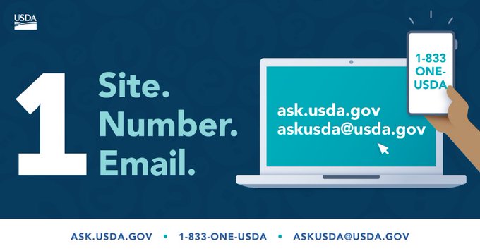 usdaRD's tweet photo. Need Answers? Contact AskUSDA by phone at (833) ONE-USDA. Representatives available 9:00 a.m.- 5:30 p.m. EST weekdays. https://t.co/UuPBhxCphA available 24/7 w/ live chat agents available 10:00 a.m. - 6:00 p.m. EST weekdays. Inquiries may also be sent to askusda@usda.gov. https://t.co/4HFhRN8ylq