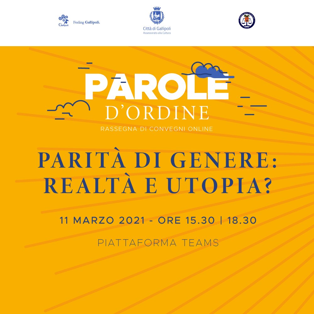 🟡 Parole d'ordine è il nuovo format di rassegne di convegni online organizzato dal Comune di Gallipoli con i vari Ordini professionali di riferimento. Si parte l'11 Marzo con l'Ordine degli Avvocati di Lecce.

#paroledordine #gallipoli