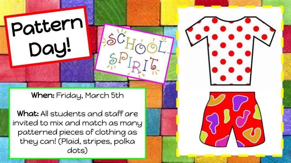 StLucyECSD's tweet photo. Friday, March 5th is Pattern Day at St. Lucy! Looking forward to seeing some crazy combinations😁 https://t.co/MbFaeWXkge