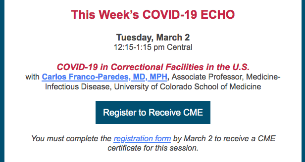 MNFamilyDocs's tweet photo. Tomorrow's #COVID19MN ECHO is on #COVID19 in Correctional Facilities in the US with speaker Carlos Franco-Paredes, MD, MPH (@CUMedicalSchool). No cost. Earn #CME. Register at https://t.co/UKIhtRbRxn. https://t.co/L2iP7dhOxn