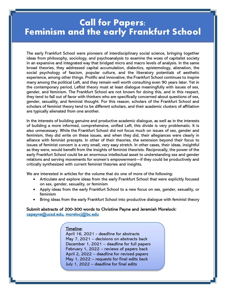 TheoryResearch's tweet image. Accepting abstracts for an edited volume on Frankfurt School and feminism: