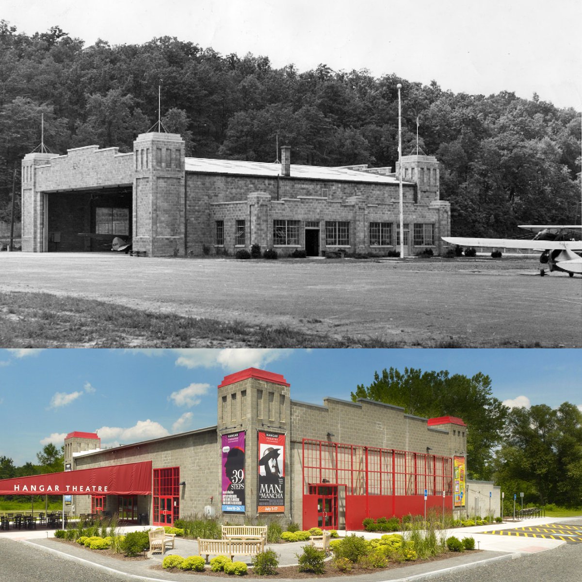 HangarTheatre's tweet photo. Pictured:
Top: the Ithaca Municipal Airport in 1935.
Bottom: the Hangar Theatre after renovations were completed, creating a year-round venue in 2010. 
@FLYIthaca @TompkinsHistory https://t.co/4lWt403ADW