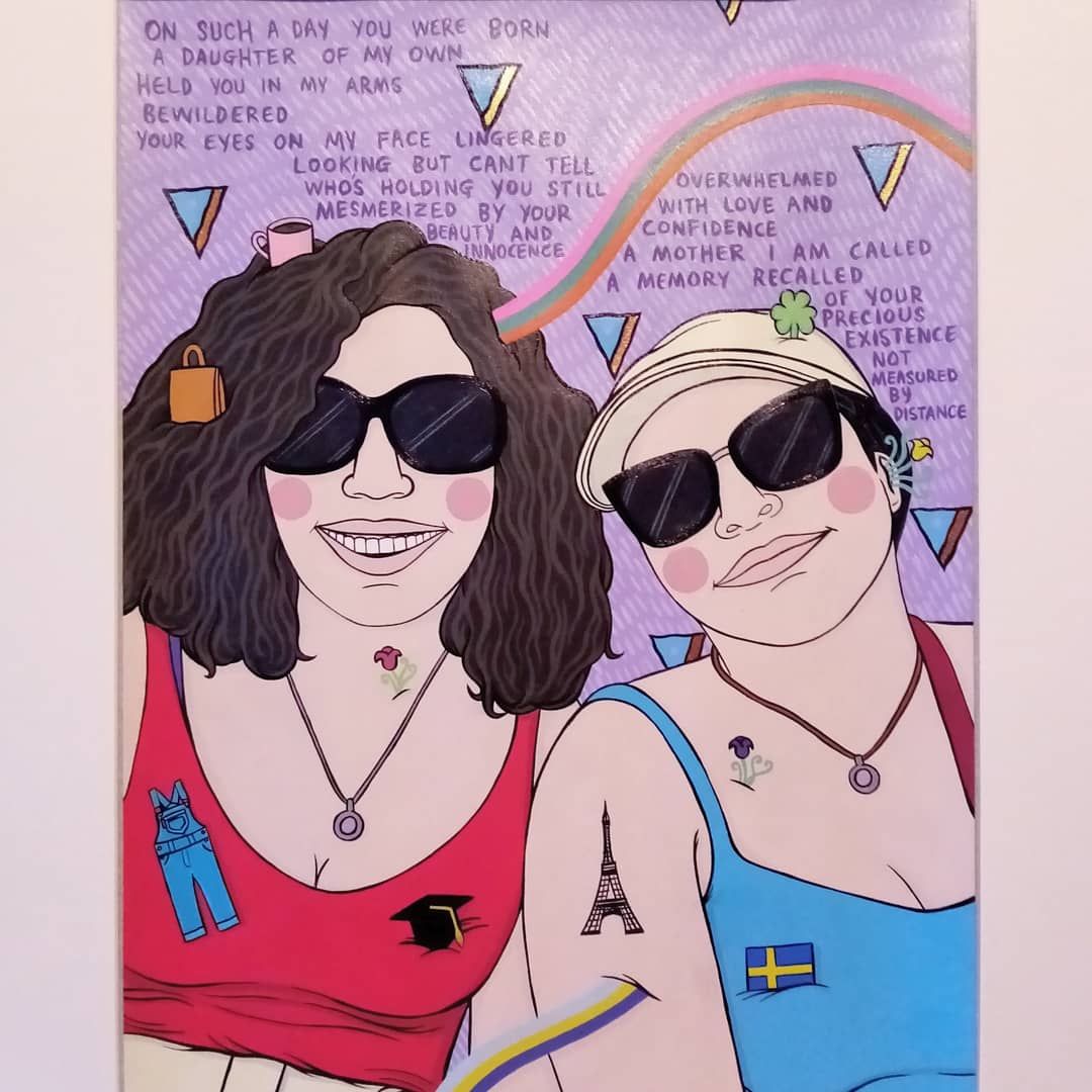 Franky_FDA's tweet photo. "Ghofran & Mum"
#commissionedpiece #portrait #acyrlicpainting #family #mother #daughter #poem #poetry #coffee #shamrock #graduationhat #paris #sunglasses #necklace #handbag #dungarees #sweedishflag #flowers #colourful #colours #dublinartist #Irishartist #frankydoodlesart https://t.co/j5QdzhlHFa