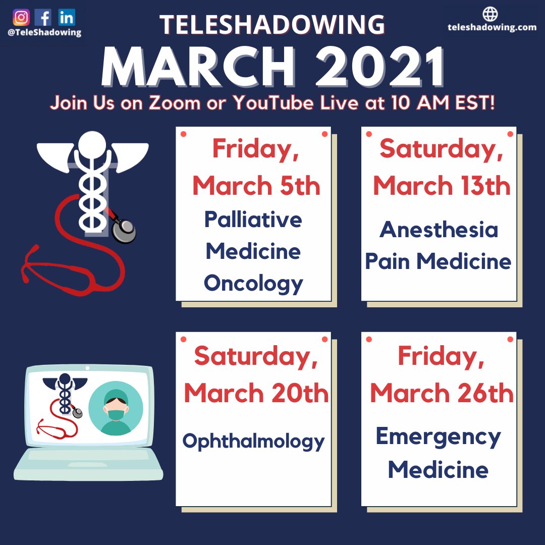 TeleShadowing's tweet photo. Tune in to our specialty spotlights for the month of March and learn from our amazing Physician mentors! Let us know in the comments which specialty/ies you’re most looking forward to!
•
•
•
#teleshadowing #teleshadow #oncology #ED #palliative #hospice #ophthalmology #clinical https://t.co/0UqMI4ykEP